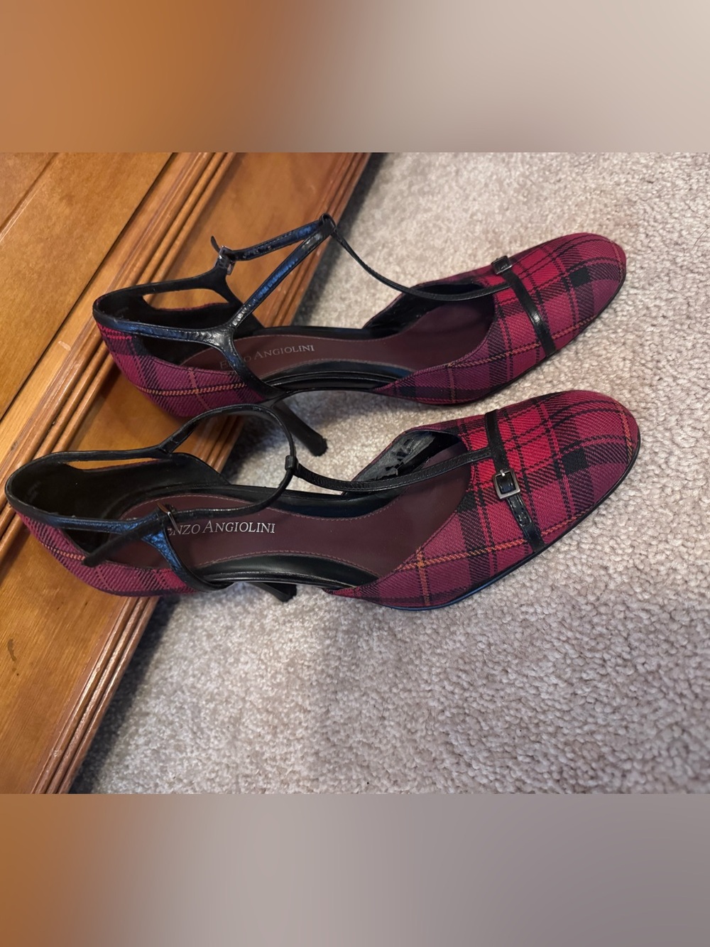 Enzo Angiolini Burgundy Plaid T-Strap Pumps with Black Patent Trim